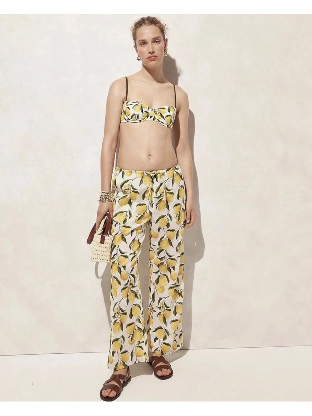 J.CREW Women Lemon Print Cotton Voile Drawstring Wide Leg Pants Summer Small